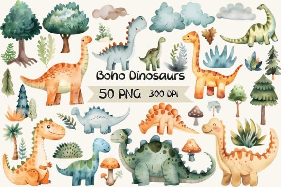 Download Boho Watercolor Dinosaurs Clipart - Clipart Collection