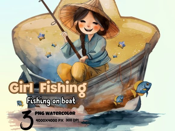 Download Watercolor Girl Fishing on Boat Clipart - Clipart Collection