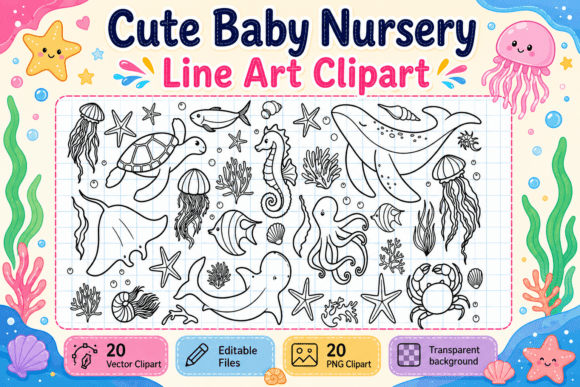 Download Ocean Animal Line Art Clipart Bundle - Clipart Collection