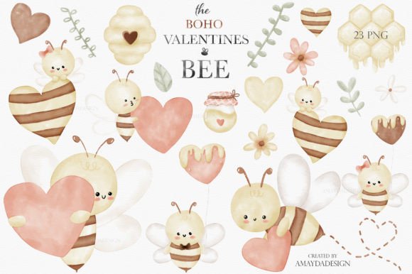 Download Bee My Valentine Boho Watercolor Clipart - Clipart Collection