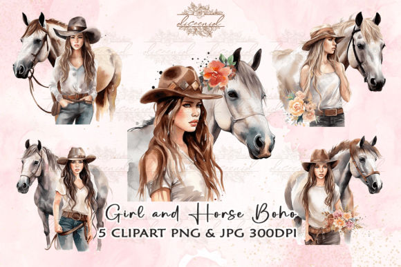 Download Girl and Horse Boho Watercolor Clipart - Clipart Collection