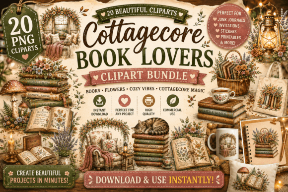 Download Cottagecore Book Lovers Clipart Bundle - Clipart Collection