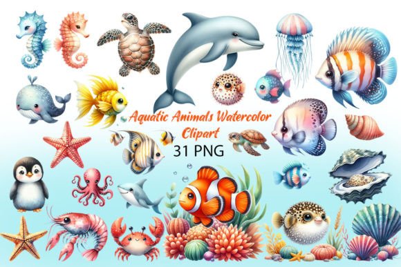 Download Aquatic Animals Watercolor Clipart - Clipart Collection