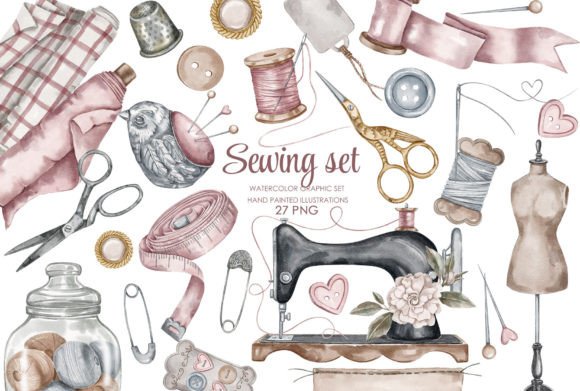 Download Watercolor Vintage Sewing Clipart - Clipart Collection