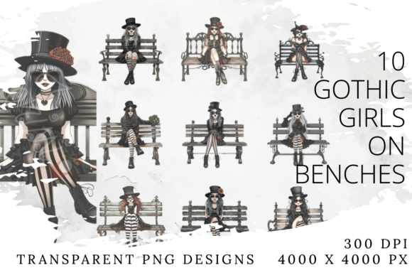 Download Dark Academia Goth Girl on Bench ClipArt - Clipart Collection