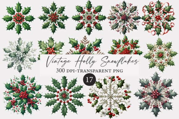 Download Vintage Holly Snowflakes Clipart - Clipart Collection