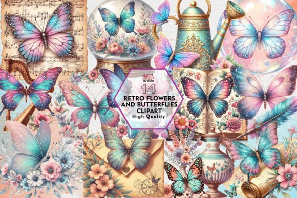 Download Retro Flowers and Butterflies Clipart - Clipart Collection