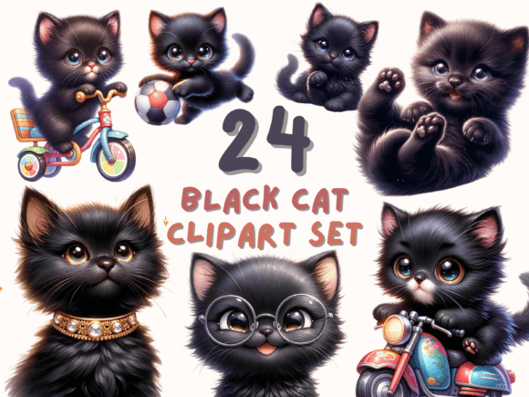 Download Cute Black Cat Watercolor Clipart Set - Clipart Collection
